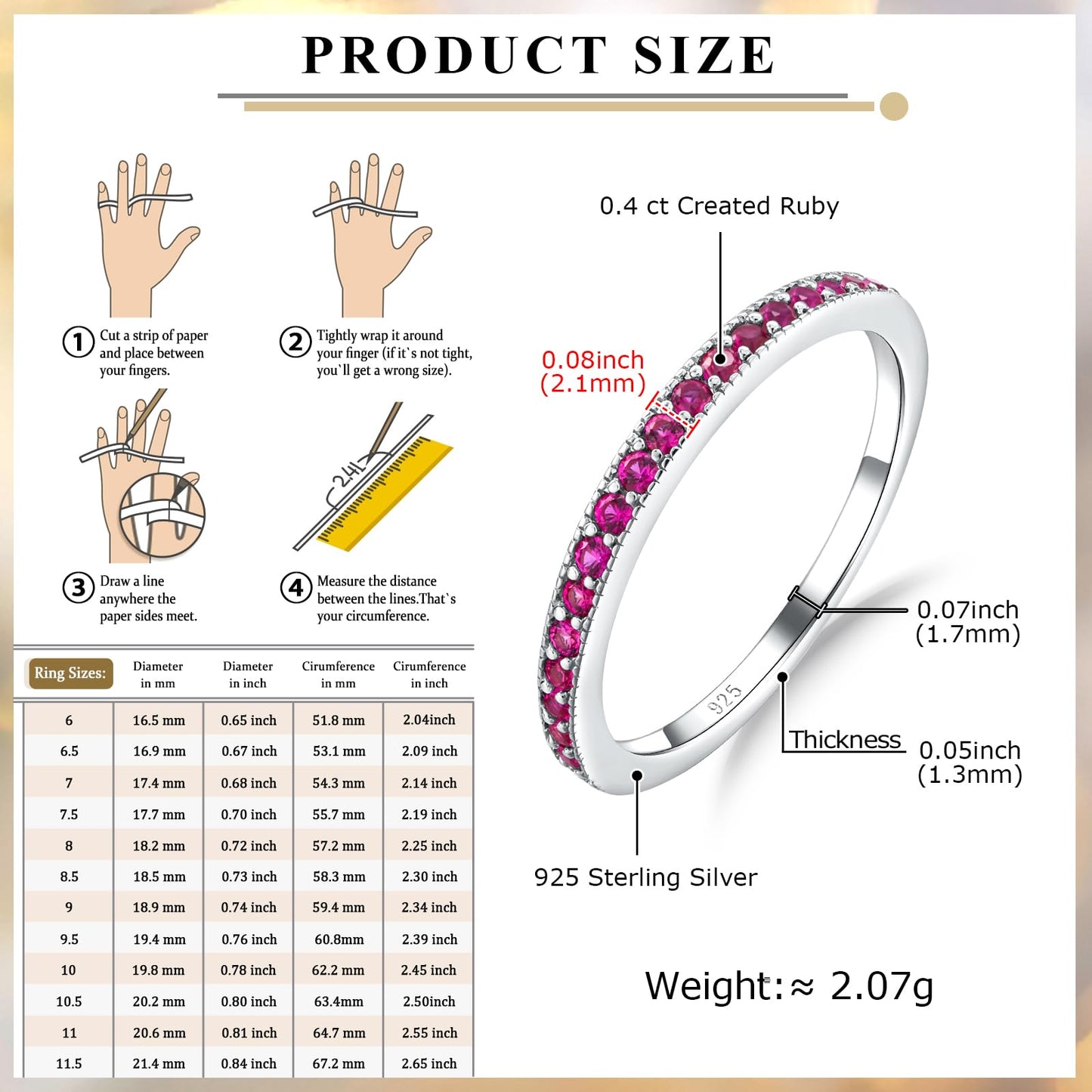 AGRULE Bezel Set 5A Cubic Zirconia Rings 14k White Gold Plated Sterling Silver Dainty 1.7mm Wide Wedding Band 0.4 Cttw Ruby Birthstone Ring for Men Women, Size 6