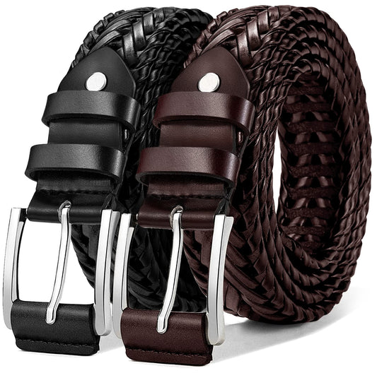 KEMISANT Mens belt 2 Pack, Woven Braided Leather Belt for Men Causal Golf Pants Polo Shirts Matching