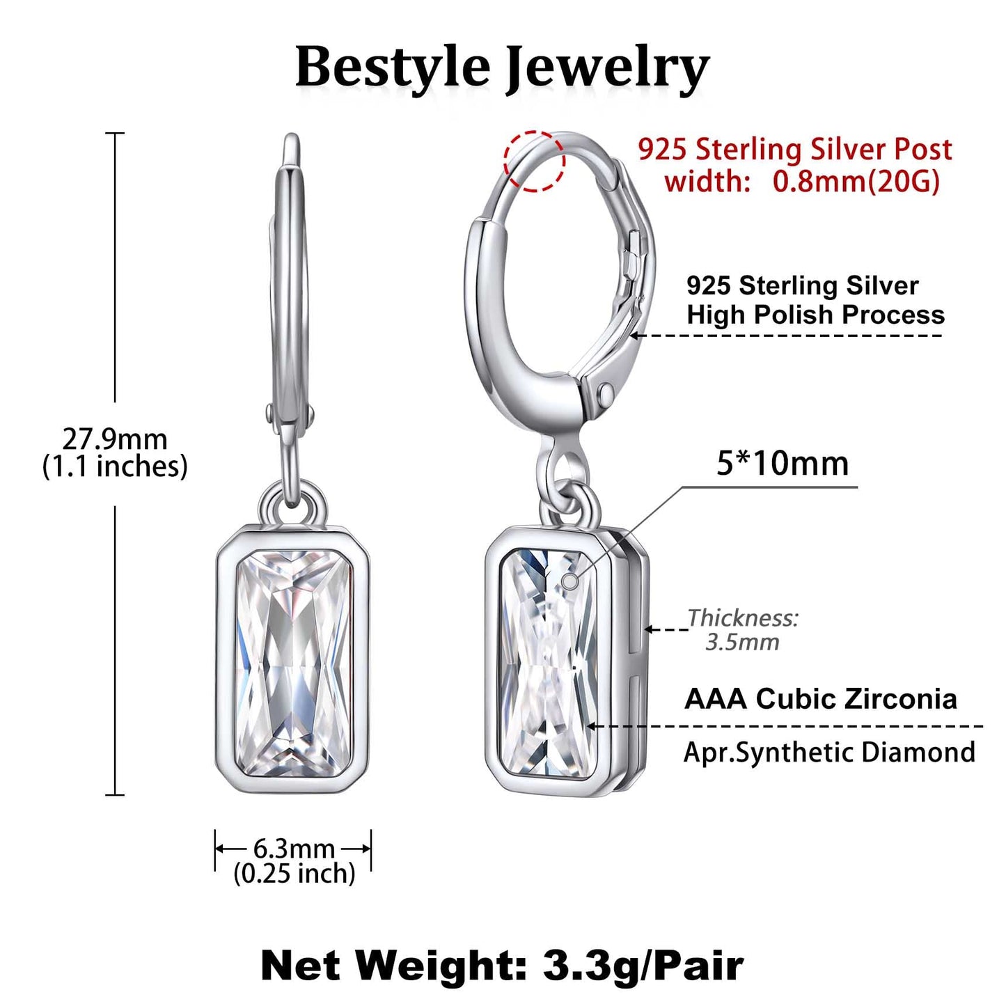 Bestyle Silver Solitaire Diamond Drop Earrings | Hypoallergenic Silver Huggie Hoop Earrings | Sparkle April Birthstone Earrings For Women | White CZ Huggie Earrings for Wedding Bridemaid