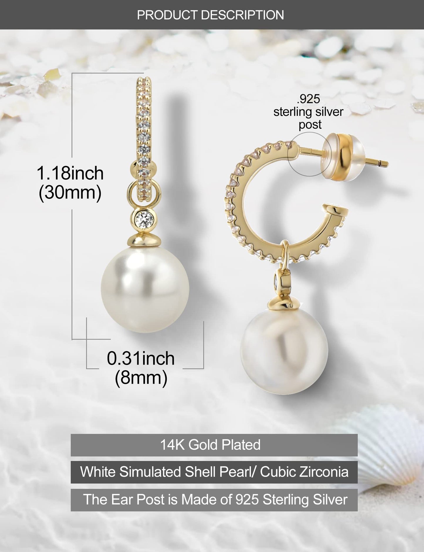 KZZENKI 14k Gold Pearl Earrings for Women, Sterling Silver Post Bridal Pearl Earrings Drop Dangle Earrings Cubic Zirconia Open Hoop earrings Jewelry Trendy