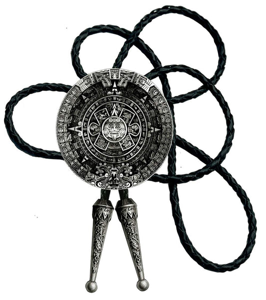 Moranse Bolo tie With Pewter Aztec Calendar Circle Design Cowboy Two Colors (Silver)