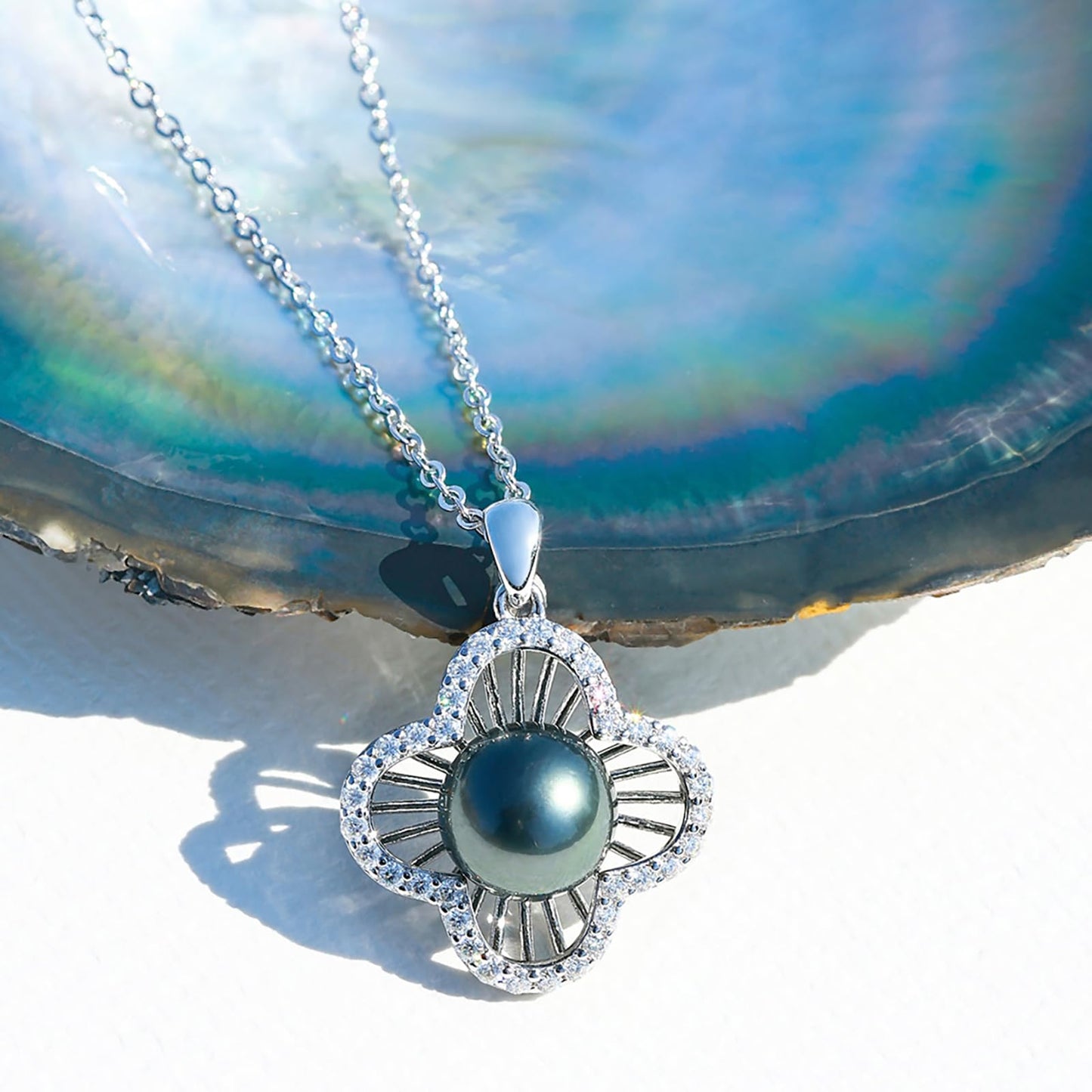 Tahitian Black Pearl Necklace for Women - Gift for Wife, Mom, Grandma, Jewelry Gifts for Wedding Anniversary Birthday Christmas, 9-10mm Seawater Pearl with Sterling Silver Moissanite Clover Pendant