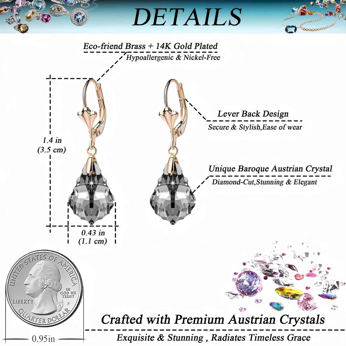 Austrian Crystal Baroque Drop Leverback Earrings for Women Fashion 14K Gold Plated Hypoallergenic Jewelry (Black)