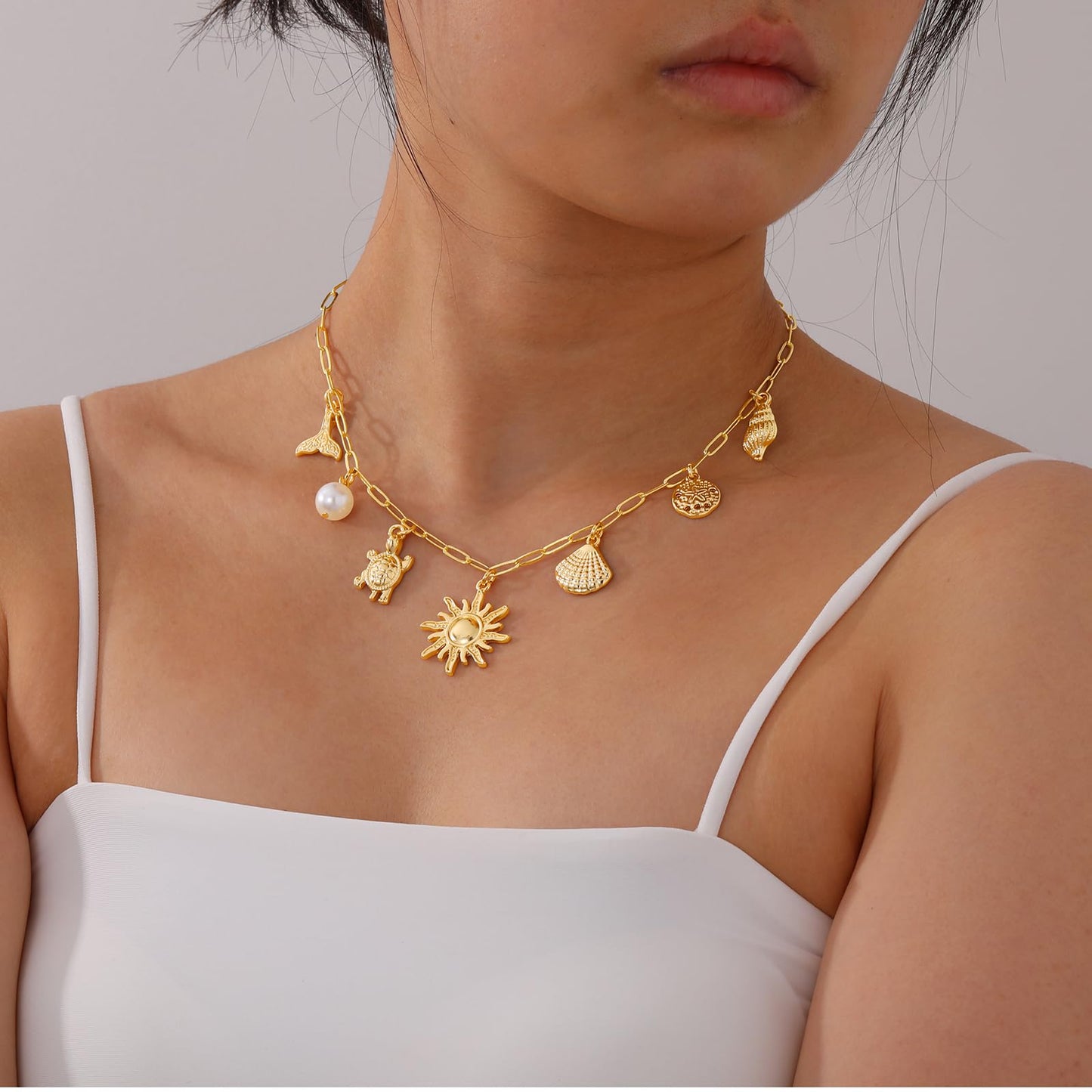 Lydow Charm Necklace for Women, Shell Beach Summer Sun Starfish Turtle necklace Pendant Seashell Boho Jewelry Gifts Chain Beachy Paperclip Her