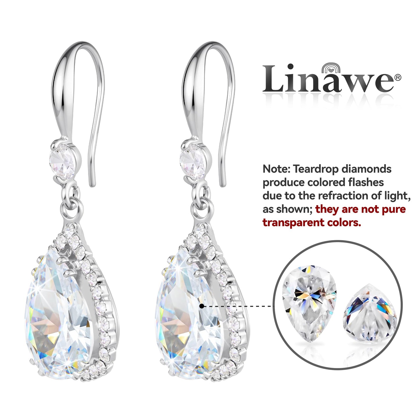 Linawe Silver Earrings for Women Trendy, Imitation Diamond Dangle Wedding Earrings, Rhinestone Cubic Zirconia Crystal Drop Chandelier Earrings, Teardrop Birthstone Dangly Earrings