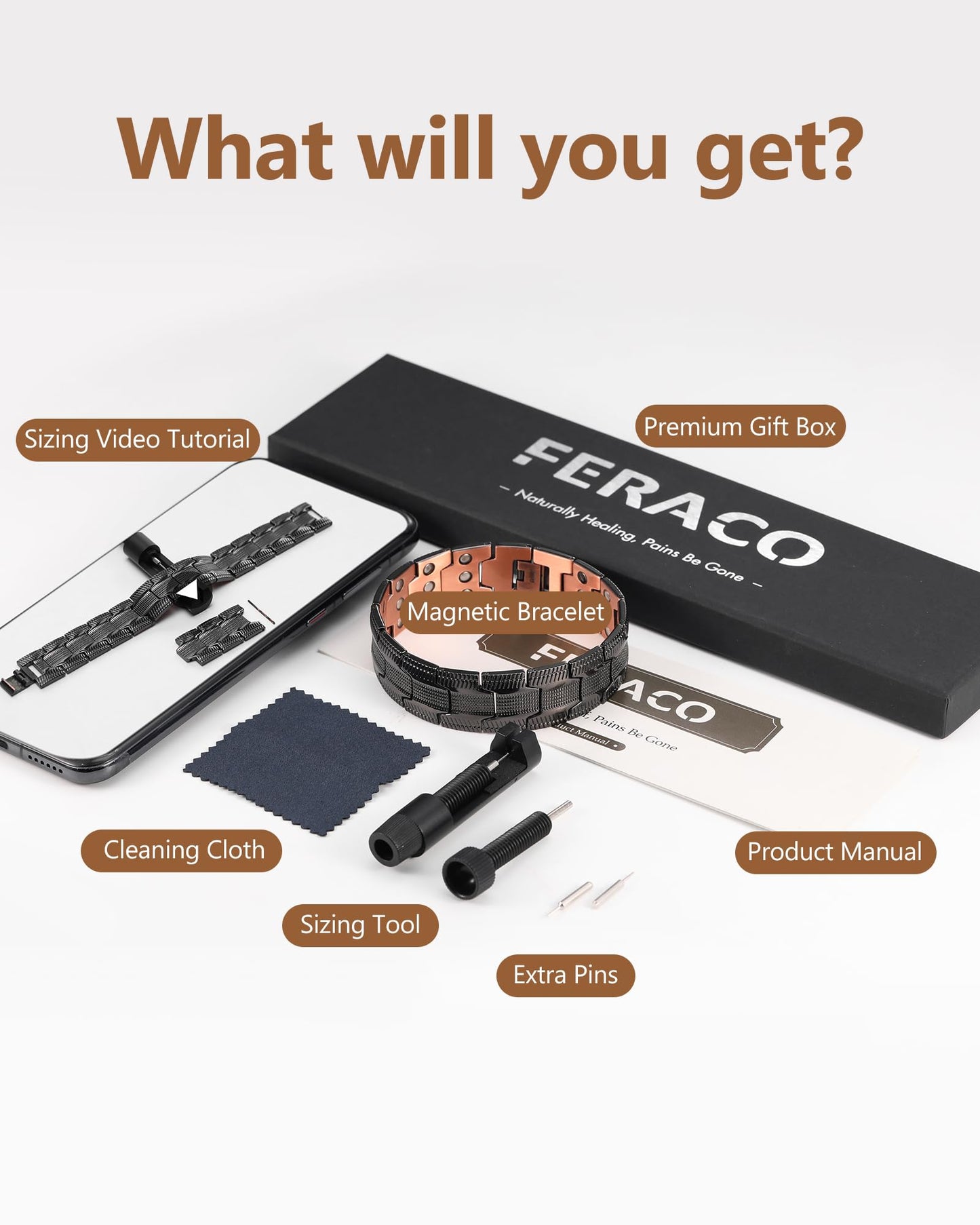 Feraco Copper Bracelet for Men, 3X Strength Magnetic Therapy Cooper Bracelet with Powerful 3800 Gauss Magnets,Copper Jewelry with Tyre-Carved Pattern,Black