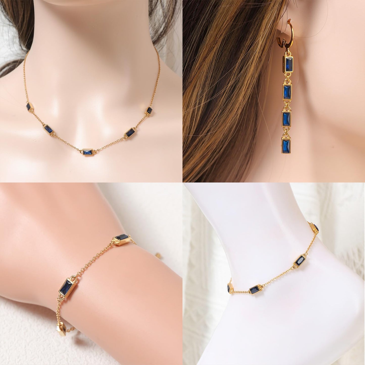 TaYolnFaSo Sapphire Blue Cubic Zirconia Jewelry Set for Women Emerald-cut Blue Necklace Earring Bracelet Anklet September Birthstone Sapphire CZ Jewelry Gift for Wife Girlfriend Mother