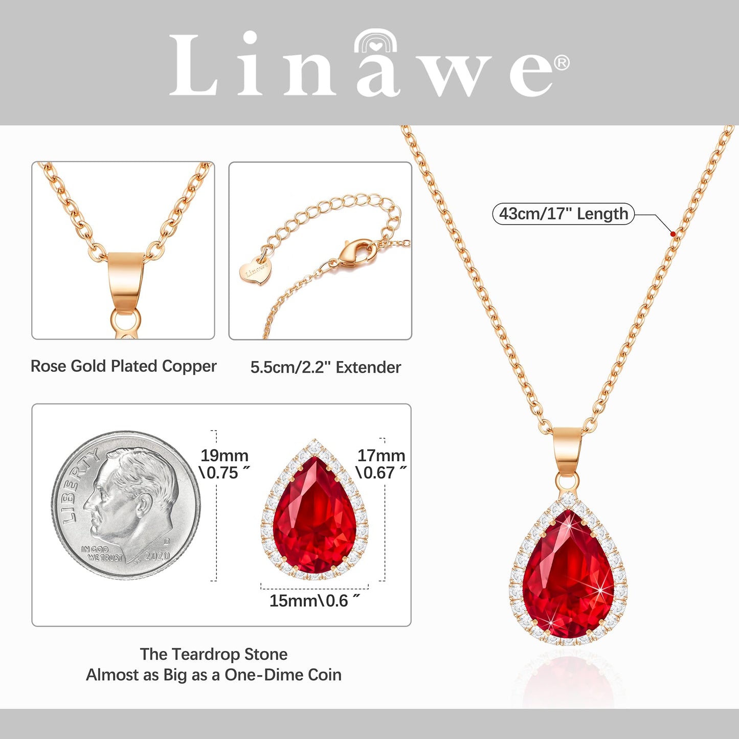 Linawe Red Crystal Ruby Pendant Chain Necklace for Women Rose Gold, Imitation Diamond Boho Necklace, Cubic Zirconia Birthstone Teardrop Rhinestone Preppy Wedding Jewelry