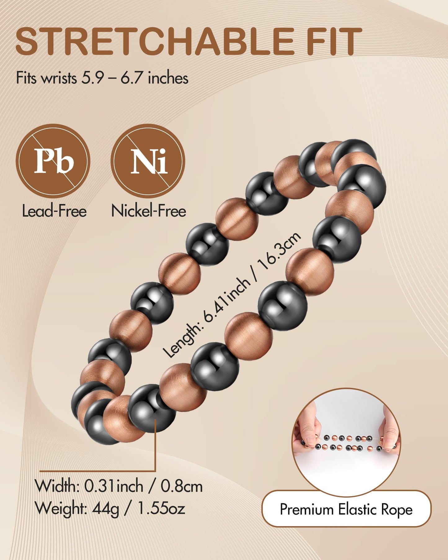Feraco Pure Copper Magnetic Bead Bracelet for Men Women, 8mm 99.99% Solid Copper & 3500 Gauss Magnetic Hematite Beads, Unisex Stretch Wristband, Gift-Ready Jewelry