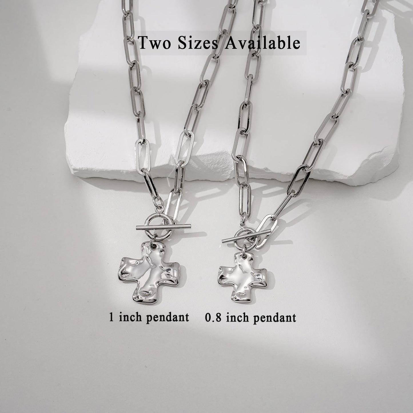 Bheop Chunky Cross Necklace for Women Trendy Silver Plated Statement Cross Pendant Charm Necklace Toggle Clasp Long Big Paperclip Faith Chain Costume Jewelry Gift Non Tarnish 2.5CM
