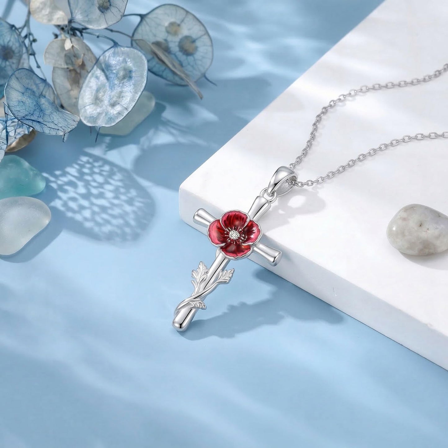 Cargari Red Poppy Flower Cross Necklace 925 Sterling Silver Poppy Cross Pendant Necklace Religious Floral Jewelry Gift for Women