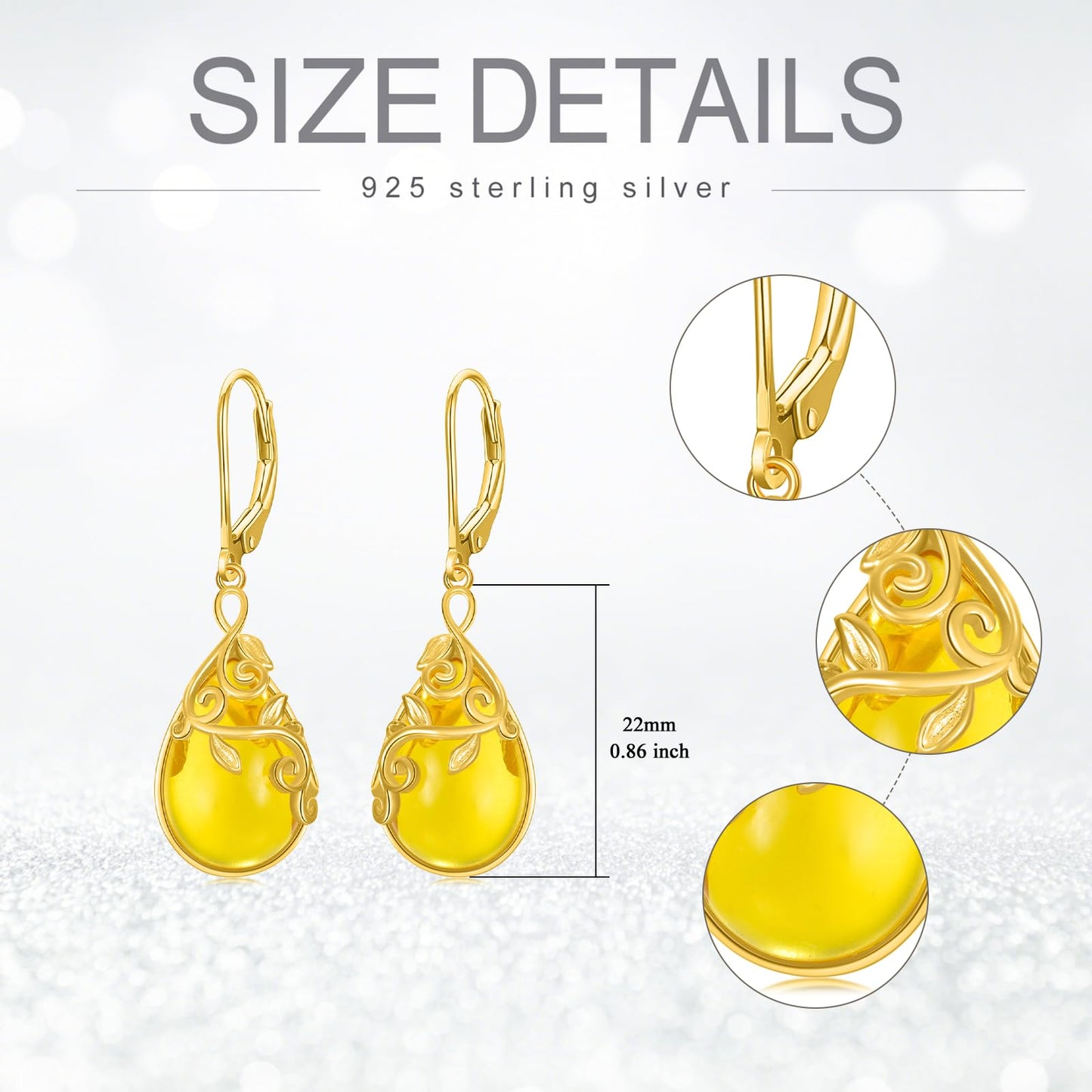 VONALA Amber Earrings 925 Sterling Silver Filigree Leaf Leverbak Earrings Teardrop Drop Dangle Dangling Earrings Jewelry Gift for Women