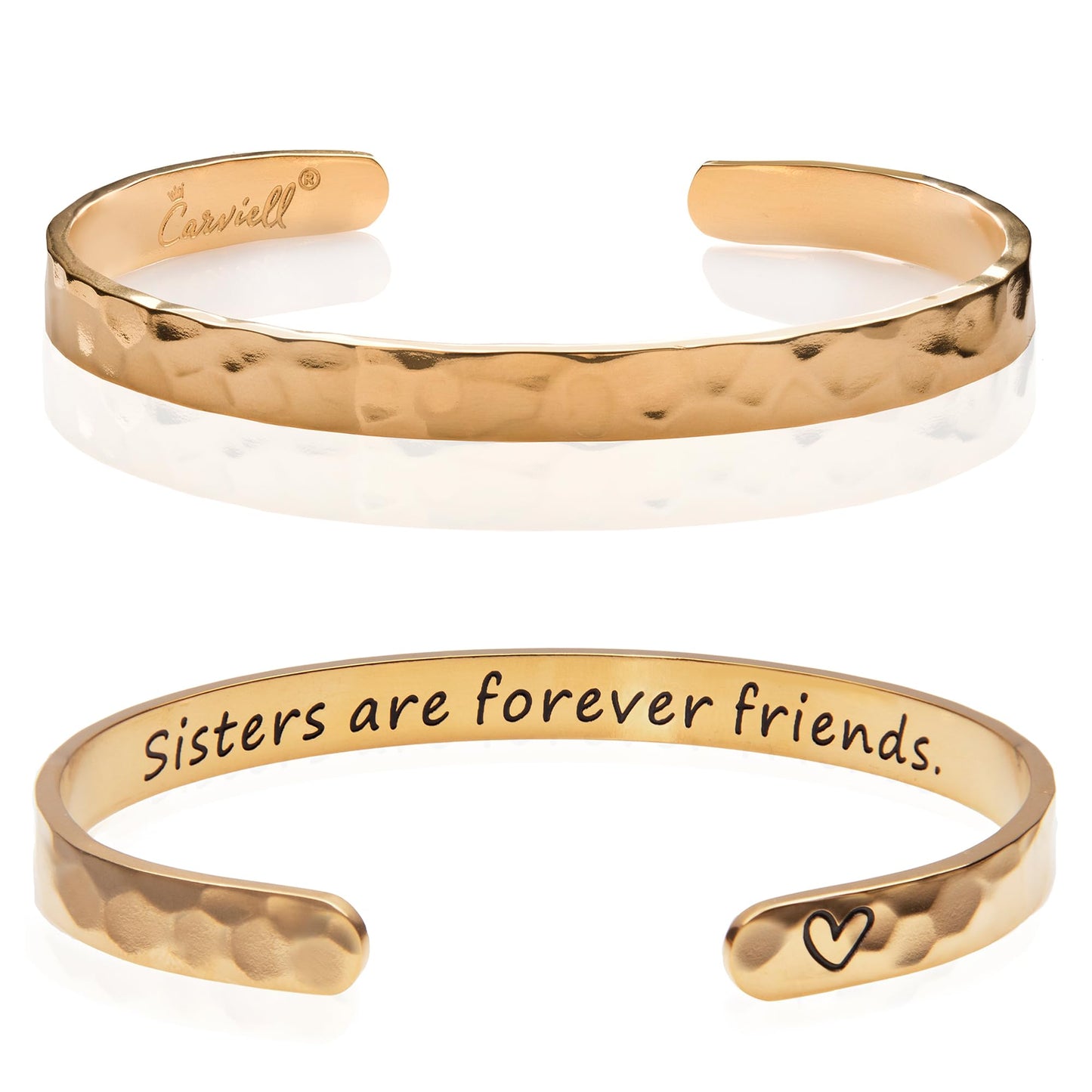 Carviell Bracelet – Gold Stainless Steel Cuff, “Sisters Are Forever Friends” Engraved Jewelry, Gift for Sister from Sister, Birthday, Christmas, or Friendship Present