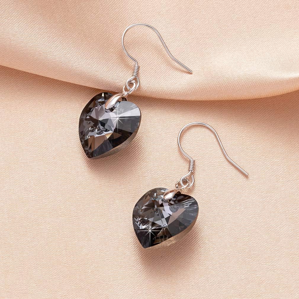 Austrian Crystal Heart Drop Dangle Earrings for Women 925 Sterling Silver Hook Hypoallergenic Earring (Grey-Black)