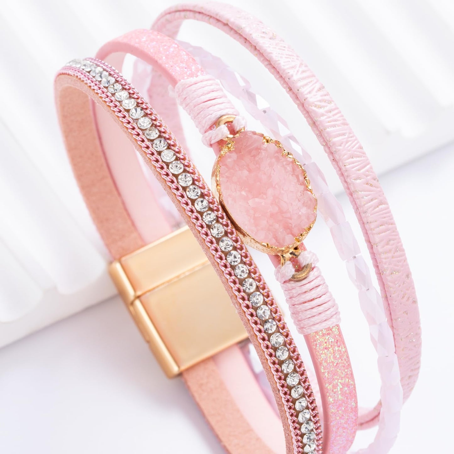 FANCY SHINY Boho Leather Wrap Bracelet Stackable Chunky Crystal Cuff Bracelets with Magnetic Clasp Cowboy Cowgirl Western Summer Beach Outfits Jewelry Gifts for Women (7.7", Pink)