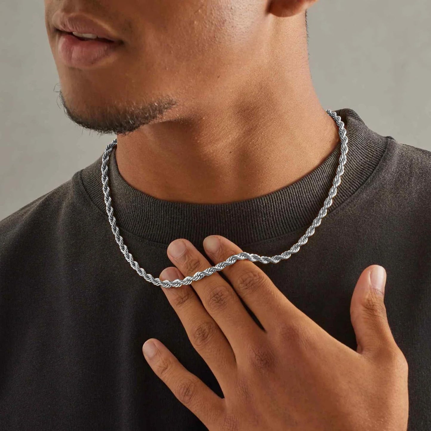 Jewlpire Silver Tone Chain for Men, 3mm Stainless Steel Rope Chains Silver Chain Necklace for Men Sturdy Mens Chains Necklace, 20 Inch