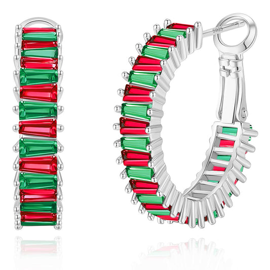 GLOQUAT Red and Green Christmas Hoop Earrings Silver Plated Red and Green Hoops for Women 925 Sterling Silver Post Vintage Colorful Womens Christmas CZ Gold Xmas Earrings Trendy Holiday Gift 25mm