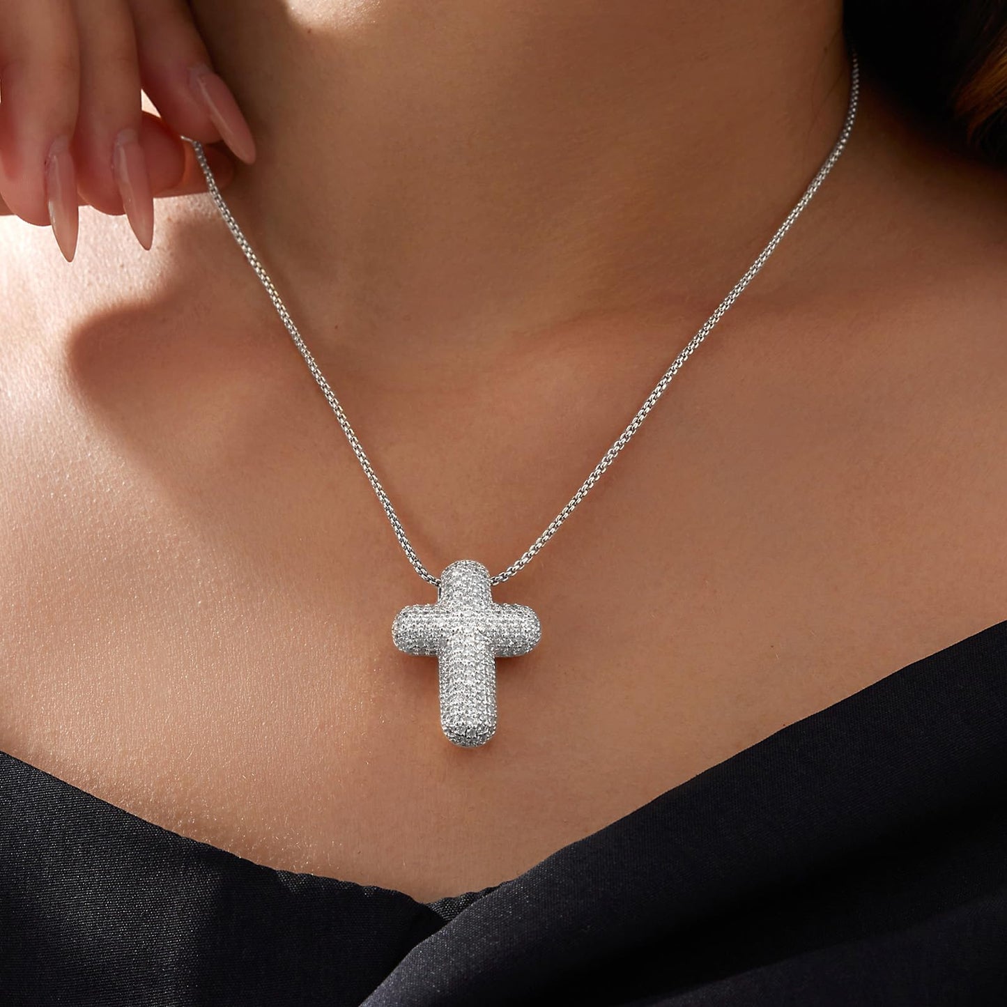 OGD Cross Necklace for Women Silver Plated 925 Dainty Cross Chain Pendant Trendy CZ Diamond Crucifix Charm Bubble Necklace Hypoallergenic Faith Choker Religious Gifts for Women
