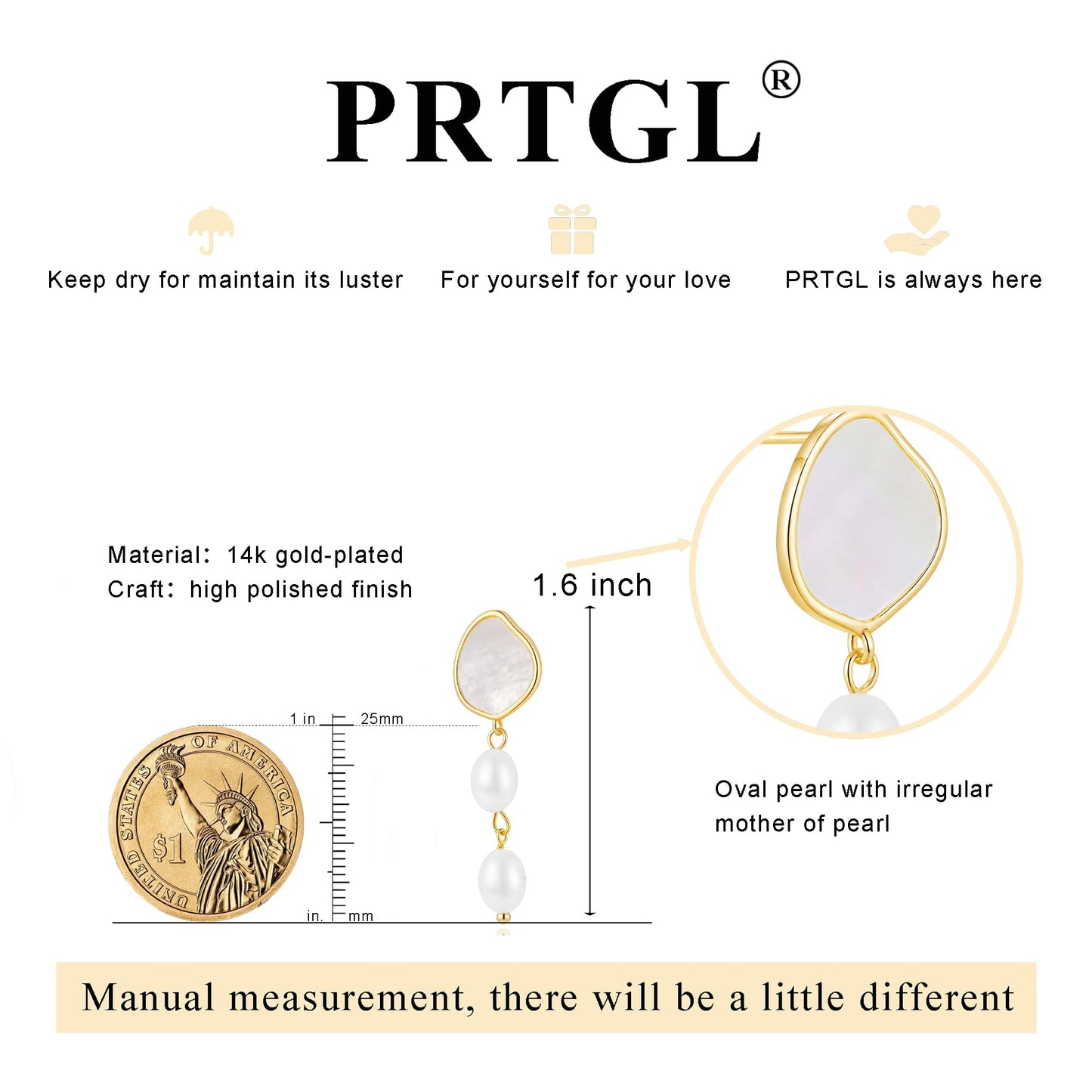 PRTGL Pearl Earrings - 14 Gold Plated Irregular Mother of Pearl Drop Dangle Earrings for Women Wedding Bridal