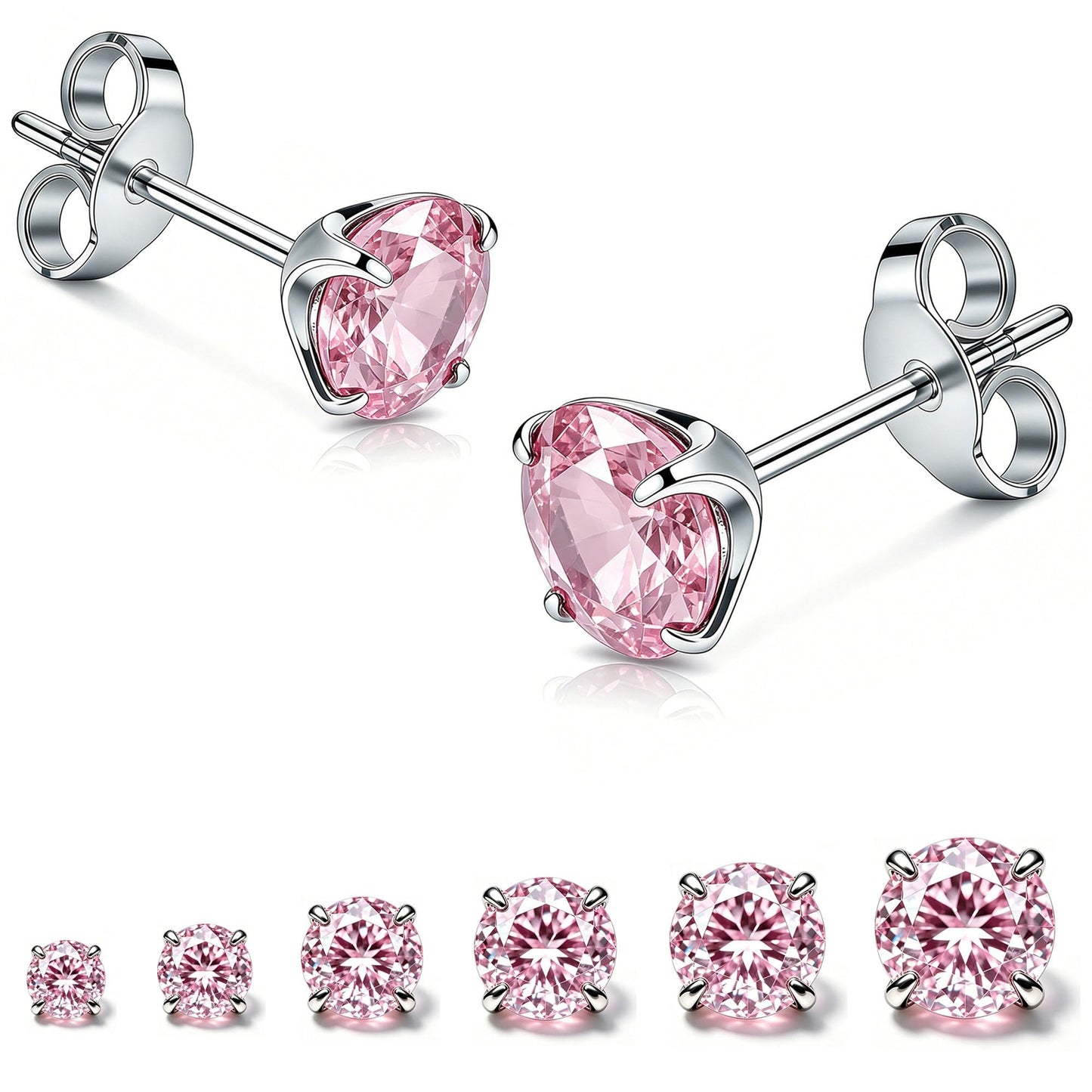LNIEER 6 Pairs Surgical Steel Stud Earrings for Women, Hypoallergenic Fashion Earring Set, Premium Cubic Zirconia Studs Earrings 3-8mm (Pink CZ)