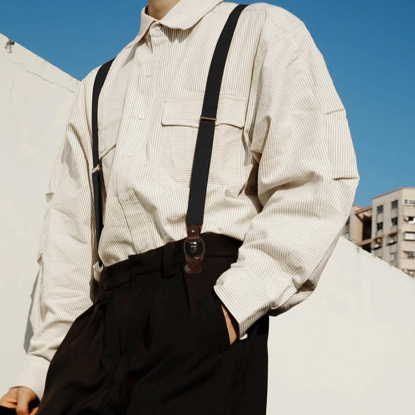 LEHOMU Men Suspenders Adjustable,1.4 Inch Wide Heavy Duty Y-Back Elastic Tuxedo Elastic Mens Suspenders with Leather Buttons and 3 Metal Clips,Black and Grey Stripe