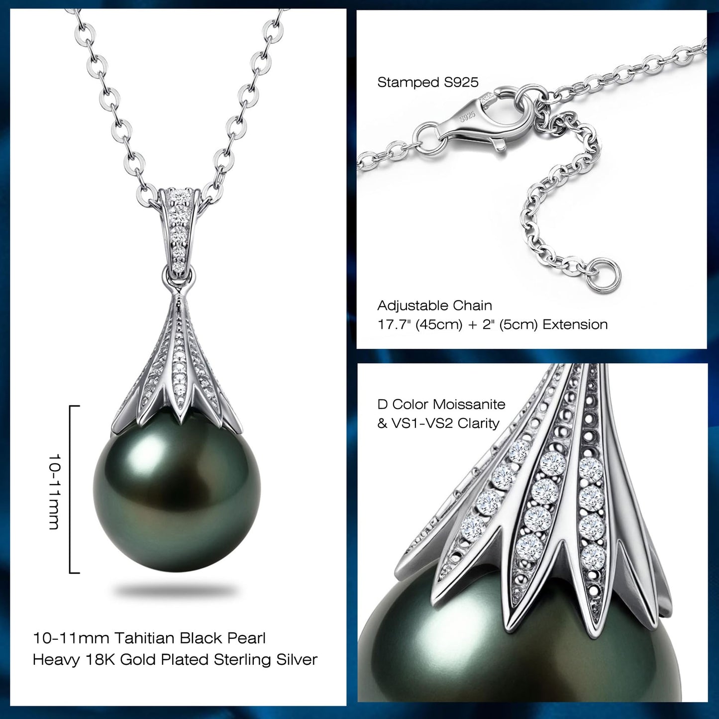 Natural Tahitian Black Pearl Necklace 11-12mm - Christmas Gift for Women Wife, Mom, daughter, Jewelry Gifts for Wedding Anniversary Birthday, Seawater Pearl with Sterling Silver Moissanite Pendant