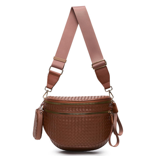 Woven Bum Bags for Women Vegan Leather Crossbody Bag with Coin Purse, Trendy Fanny Packs with Adjustable Wide Strap, Spacious Sling Shoulder Purse for Trave