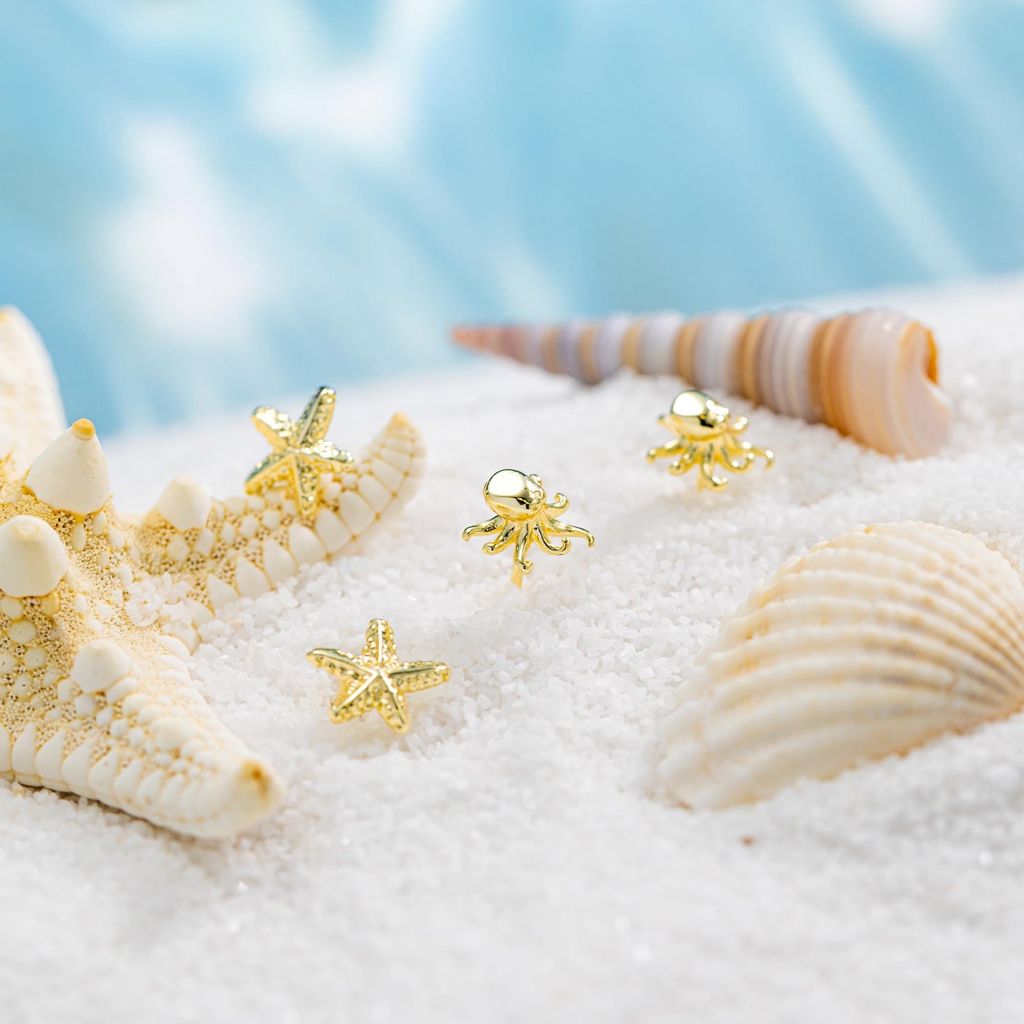 Plenky Gold Earrings for Women - 2 Pairs 14K Gold Plated Small Starfish and Octopus Stud Earrings Set Summer Beachy Jewelry for Women Gifts