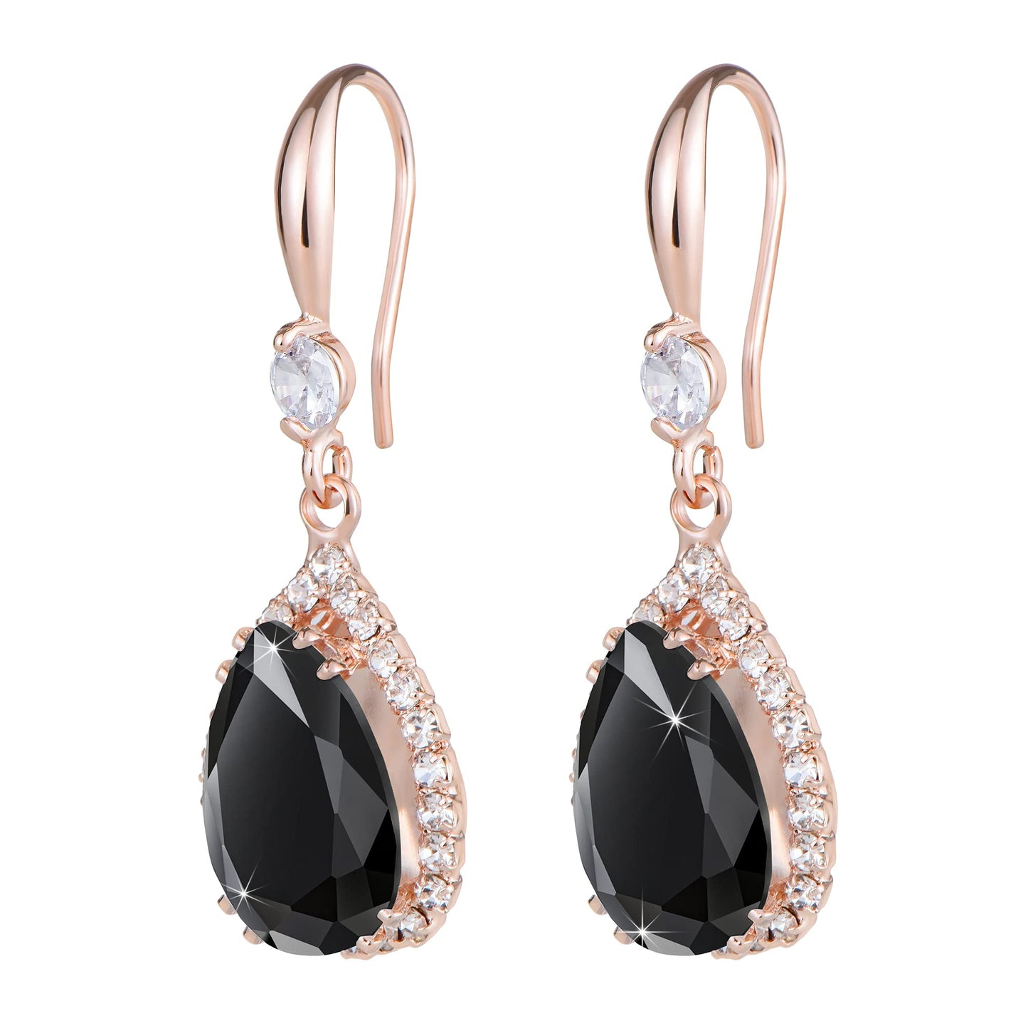 Linawe Rose Gold Color Black Chandelier Earrings for Women Trendy, Imitation Diamond Drop Dangle Rhinestone Cubic Zirconia Dangly Earrings, Teardrop Fake Crystal Birthstone Earrings Dangling