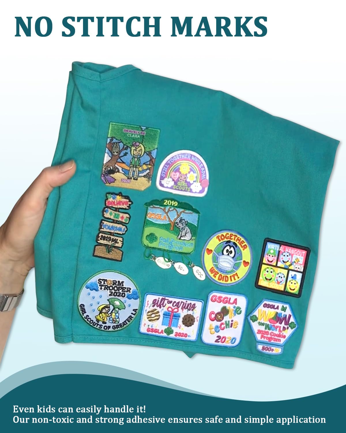 Patch Magic Adhesive, Girl Scout Patch Adhesive Washable Double-Sided Glue for Scout Badges, Patches, Fabric, and More, Cut to Fit Freestyle, No Sew No Iron 4 Pack