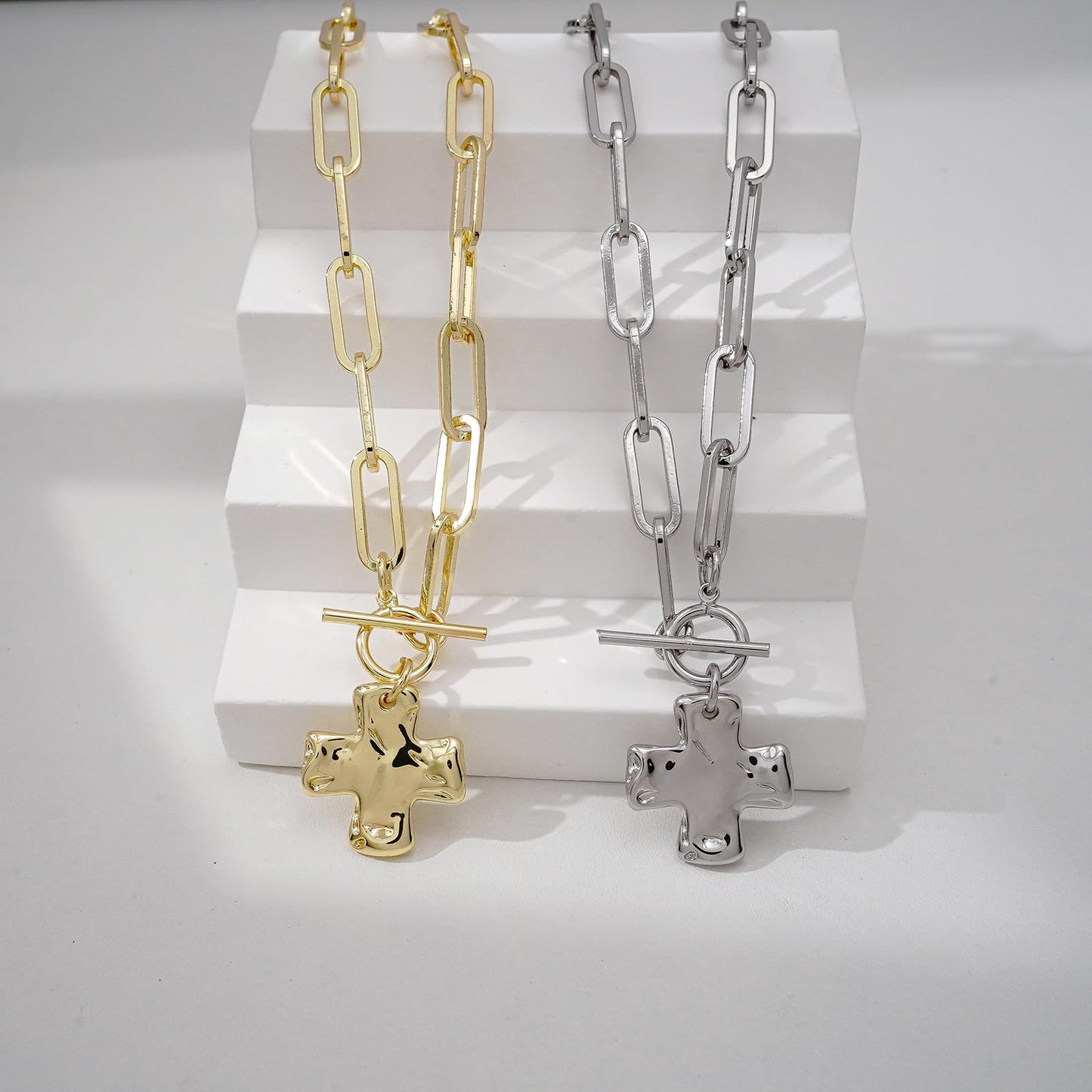 Bheop Chunky Cross Necklace for Women Trendy Silver Plated Statement Cross Pendant Charm Necklace Toggle Clasp Long Big Paperclip Faith Chain Costume Jewelry Gift Non Tarnish 2CM