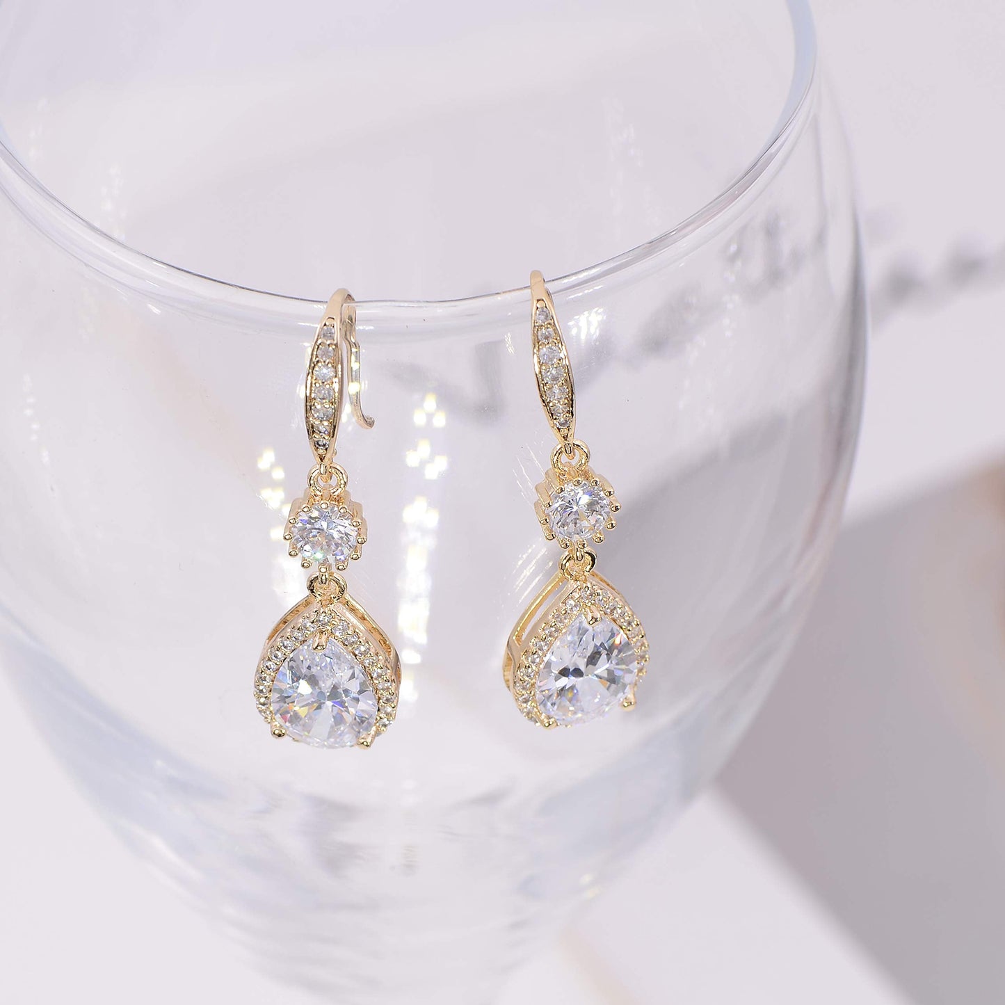 AMYJANE Bridal Jewelry Set for Wedding - 18k Gold Plated Sterling Silver Teardrop Cubic Zirconia Crystal Drop Earrings and Necklace Set for Bride Bridesmaids Mother of Bride Prom Party