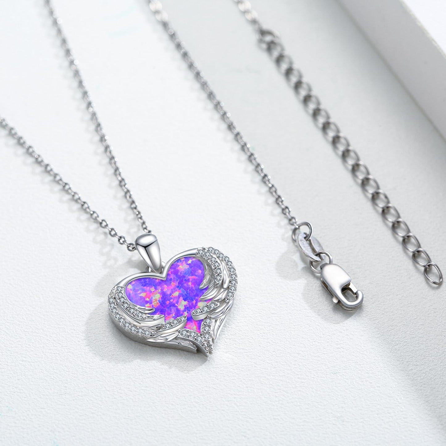 CUOKA MIRACLE Heart Necklace Angel Wing Heart Opal Necklace 925 Sterling Silver Women Necklace Guardian Angel Wings Pendant Necklace Dainty Opal Jewelry Birthday Gifts for Mom Women (Violet Opal Wings)