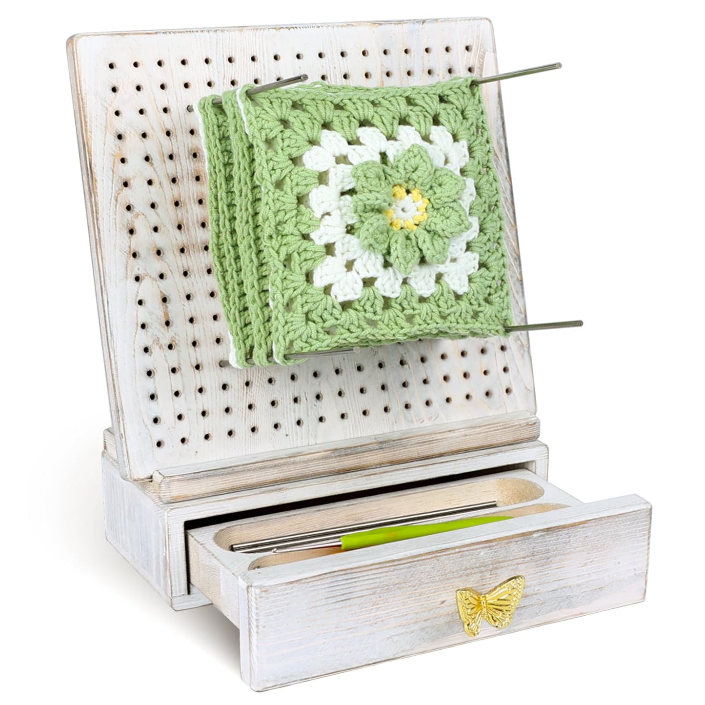 Premium Beech Wood Crochet Blocking Board Kit with 50 Stainless Steel Pins, Storage Drawer, Adjustable Stand, Ideal for Granny Squares, Crochet Projects, and Knitting (9.5" Pine)