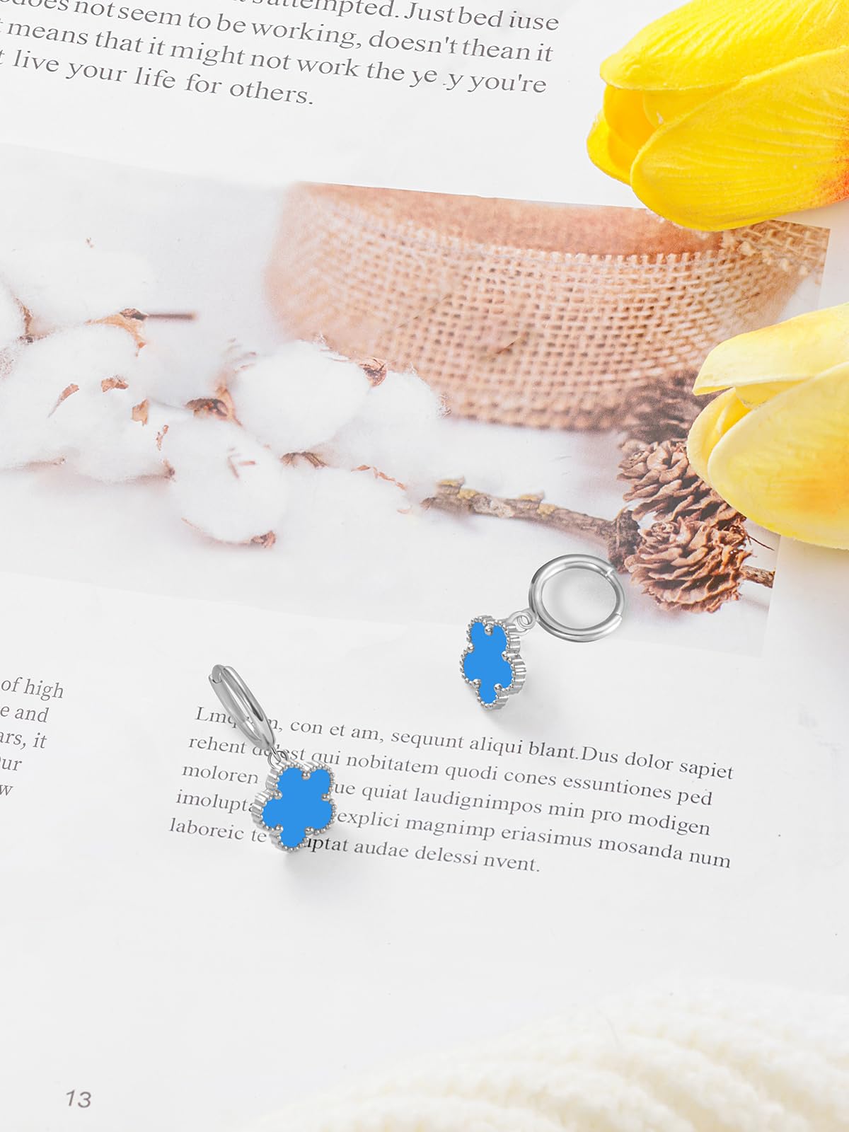 Gold Plated Five Leaf Clover Dangle Earrings for Women Lucky Flower Jewelry (Blue-White Gold Plated)