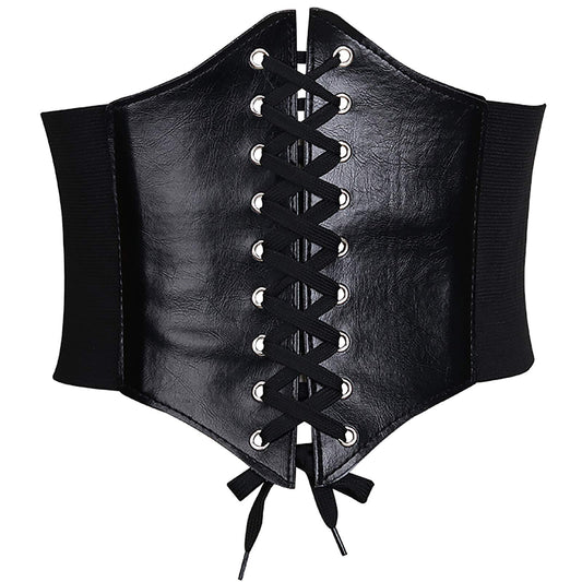 Glamorstar Corset Belt for Women Wide Elastic Tied Waspie Belts Lace-up Leather Waist Belts for Women Dresses 65cm Black