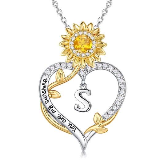 MONOOC Initial Necklace for Women - Initial Letter S Necklaces for Women, Sunflower Heart Necklace for Woman, Sunflower Gifts for Woman Anniversary Birthday Gifts Wife Mom Birthday Gift Ideas
