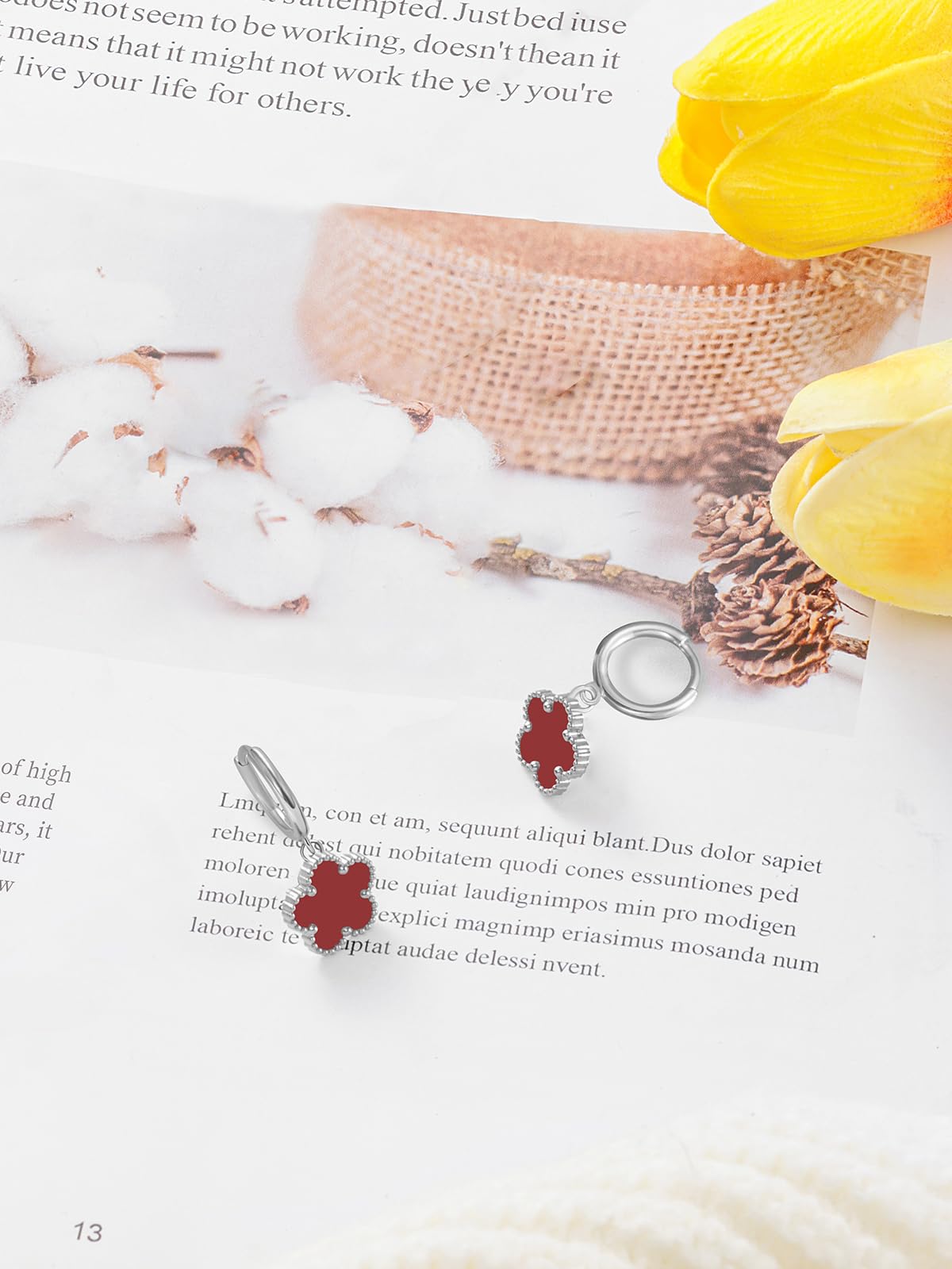 Gold Plated Five Leaf Clover Dangle Earrings for Women Lucky Flower Jewelry (Burgundy-White Gold Plated)