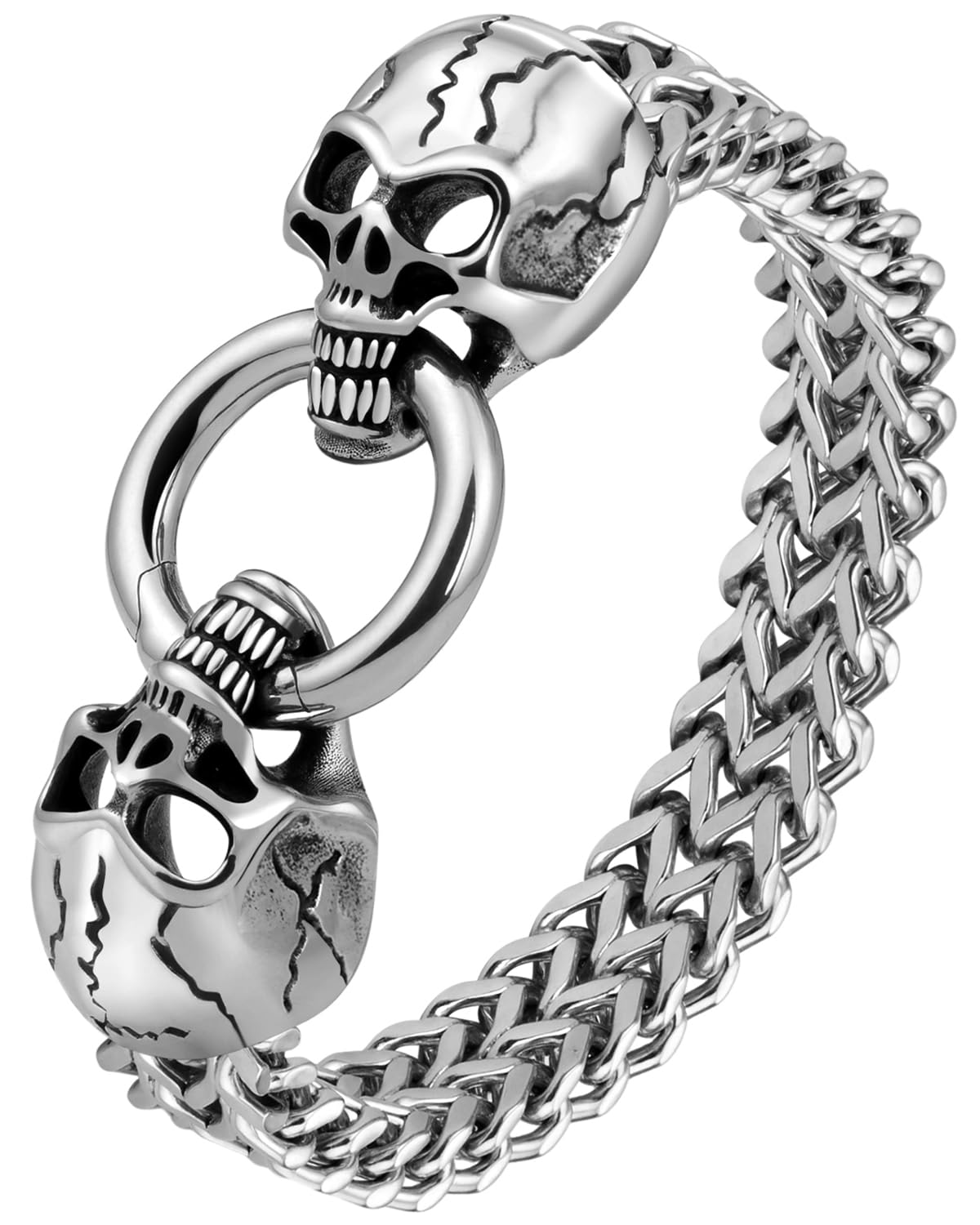 LuxGoth Stainless Steel Skull Heavy Cuban Link Chain Bracelet Gothic Punk Rock Biker Vintage Viking Skull Head Franco Link Curb Bracelet Jewelry for Men Silver GTS-B1B45001