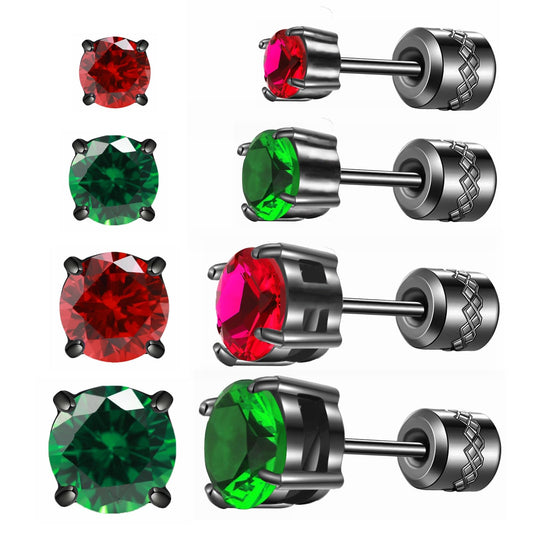Hopply 4 Pairs Titanium Screw Back Surgical Stainless Steel Earrings for Women Men,Rainbow 5A Cubic Zirconia Studs Double Side Earrings Piercing Sleeper Jewelry 6mm (Red/Green CZ 3-6mm)