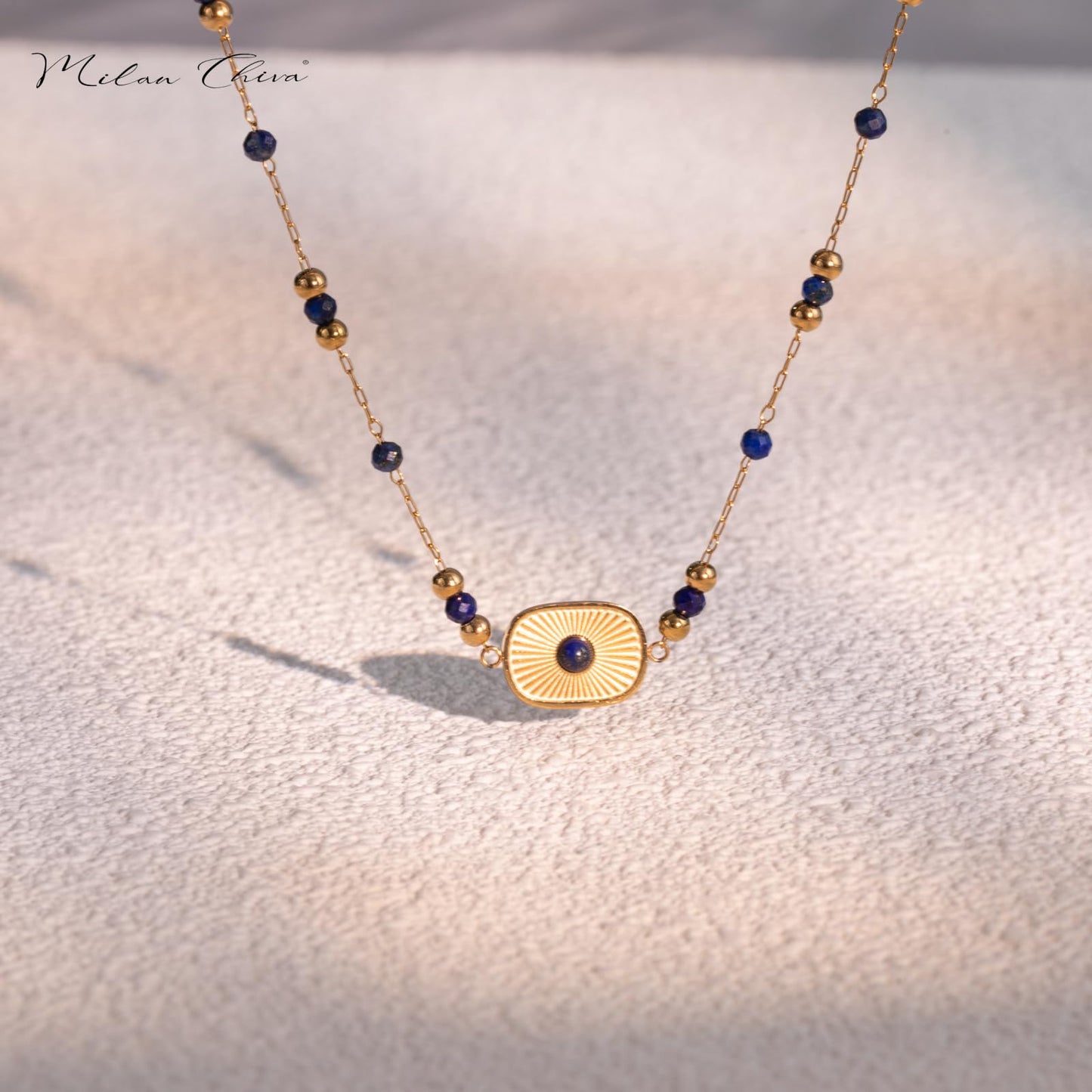 Milan Chiva Natural Gemstone Beaded Pendant Necklace for Women 14K Gold Plated Lightweight Adjustable Lapis Lazuli Jewelry MNS-1001NY