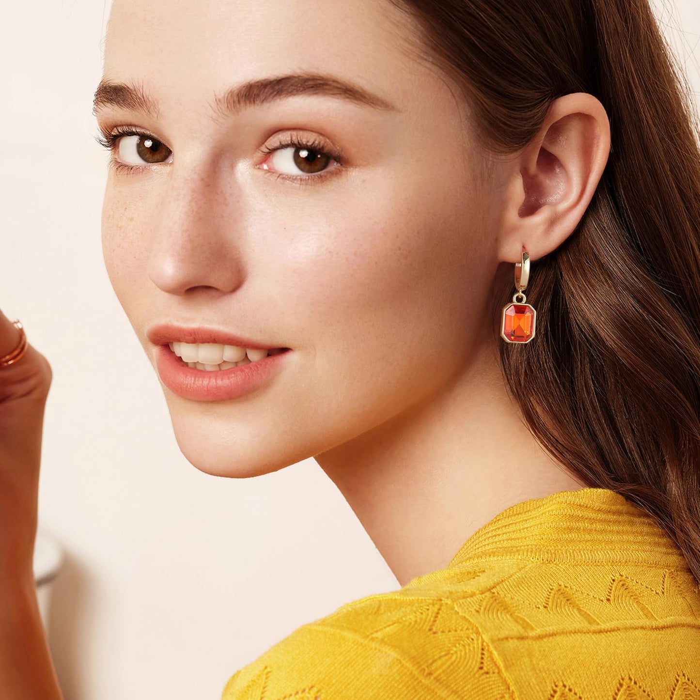Birthstone Crystal Dangle Drop Earrings, 18K Gold Plated Huggie Hoop Hypoallergenic Earring Jewelry Gifts for Women (Orange)
