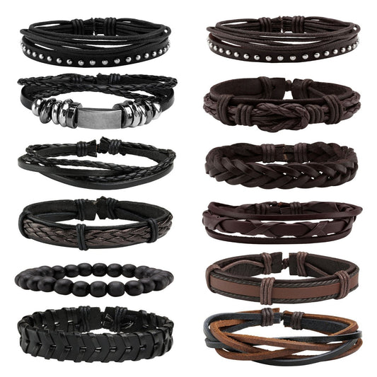 Eigso 12 Pcs Men's Braided Leather Bracelets Vintage Country Cowboy Bracelet for Man Brown Wood Wristband
