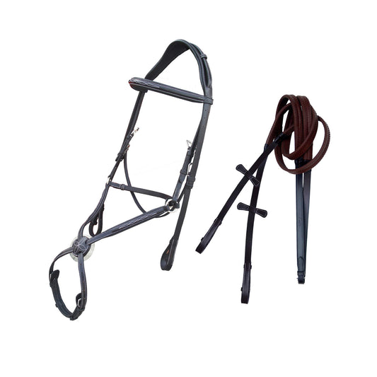 Exion Comfort Lined Anatomic Shape Mono Crown Piece Designer Fancy Stitched Perfect Square Raised Double Buckle Adjustable Figure 8 Noseband Jumping Bridle with Rubber Reins | Royal English Bridle