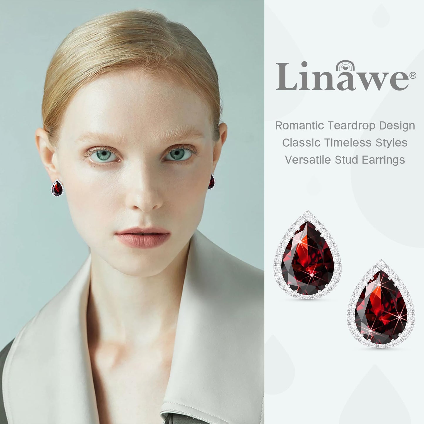 Linawe Silver Red Stud Earrings for Women, Imitation Diamond Cubic Zirconia Earrings Studs, Teardrop Rhinestone Burgundy Garnet Crystal Earrings Set, Costume Bridal Wedding Jewelry