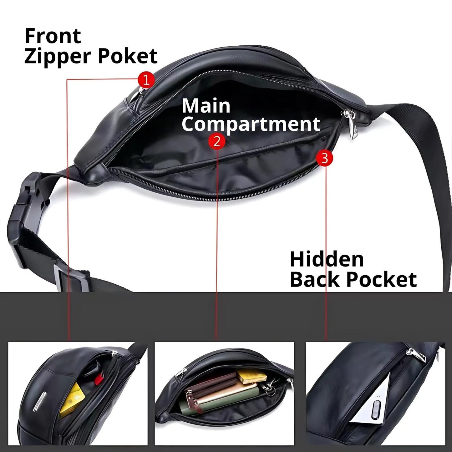Genuine Leather Fanny Pack Bum Bag for Men – Crossbody Sling Waist Bag with 3 Pockets & Hidden Anti-Theft Pocket, Adjustable Strap, Lightweight Travel Hip Bag for Hiking, Outdoor & Daily Use (Tan)