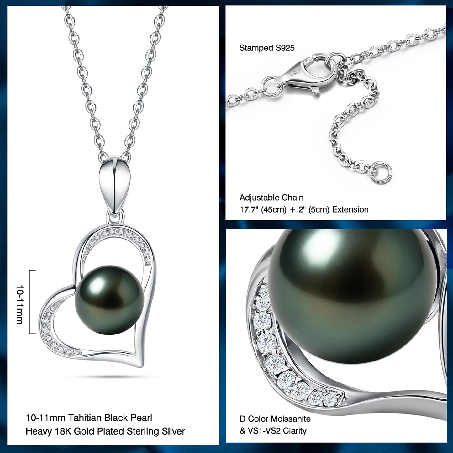 Genuine Tahitian Black Pearl Necklace - Christmas Gift for Women Wife, Mom, Jewelry Gifts for Wedding Anniversary Birthday, 9-10mm Seawater Pearl with Sterling Silver Moissanite Love Heart Pendant