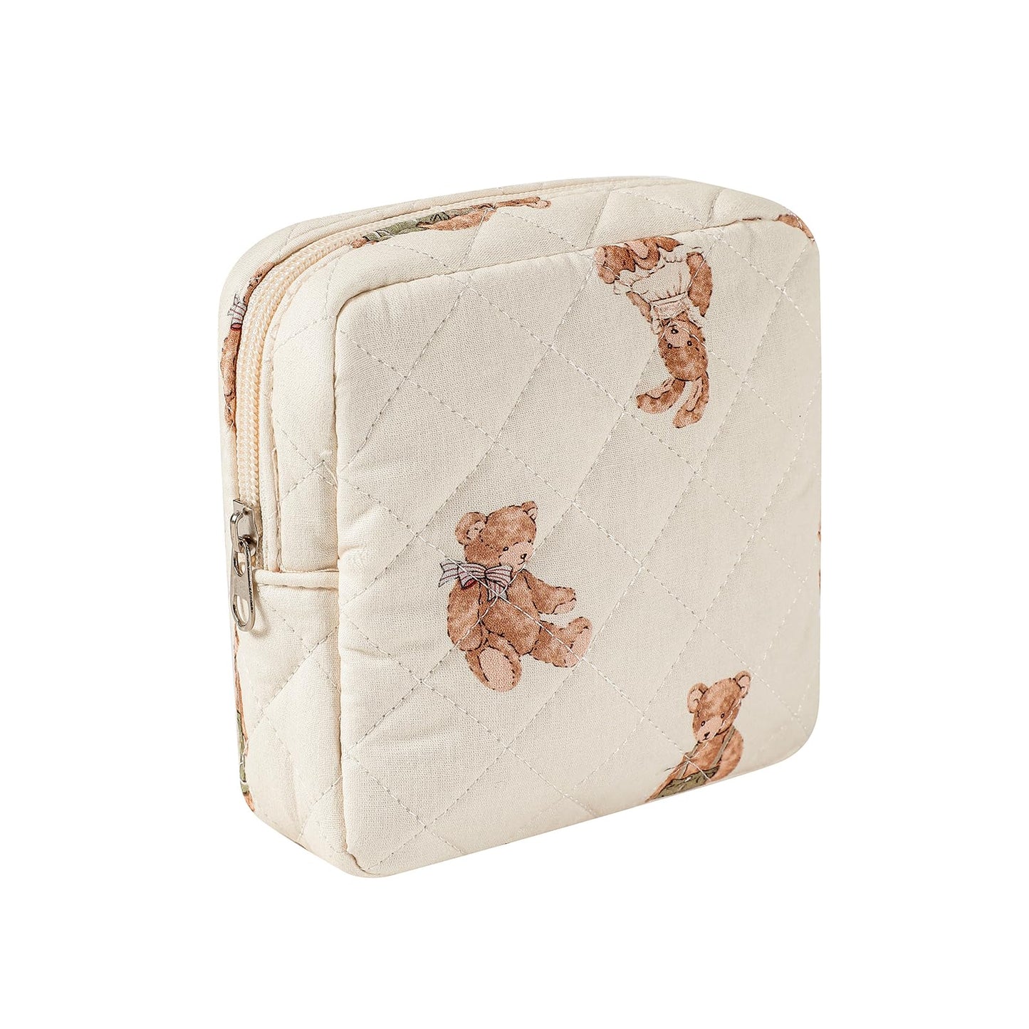 Small Quilted Cotton Makeup Bag for Purse, Cosmetic Bag with Compartments, Cotton Aesthetic Makeup Bag, Travel Toiletry Pouch, Key Pocket Lipstick Bag Card Holder Data Cable Organizer（01White Bear）