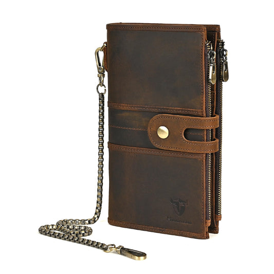 Handadsume Genuine Crazy Horse Leather Travel Gift Coin Pocket Card Case Long Organizer Chain Rfid Wallet Purse With Snap For Men Male 1803 1815 (1815 Brown)