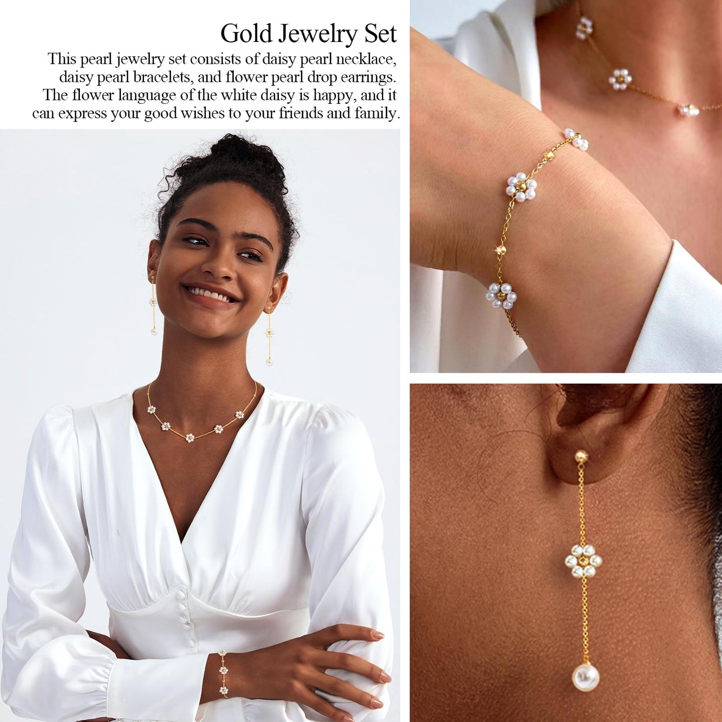 Zeffy Dainty Daisy Pearl Necklace and Earring Set with Drop Earrings Bracelets 14K Gold Plated Flower Choker Necklace Wedding Bride Jewelry Trendy Gift